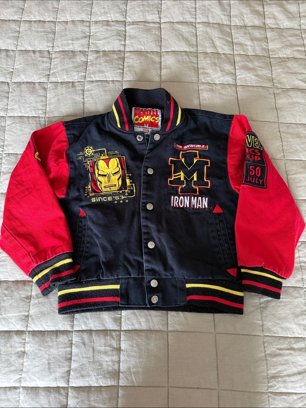 Y2K 2011 Marvel Comics Iron Man Varsity Bomber Jacket Boys Small Embroidered